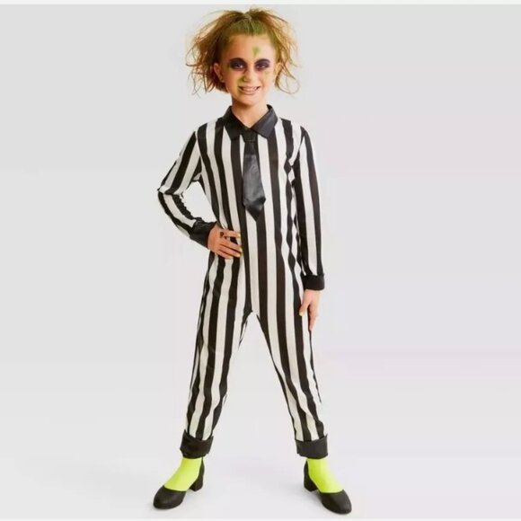 Beetlejuice Style Striped Jumpsuit Kids Halloween Costume - Size: Medium 8 - Picture 1 of 6